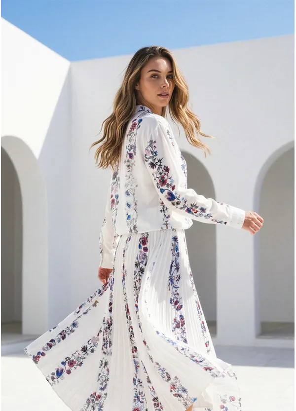 Soft Floral Stripe Blouse & Flow Skirt Set