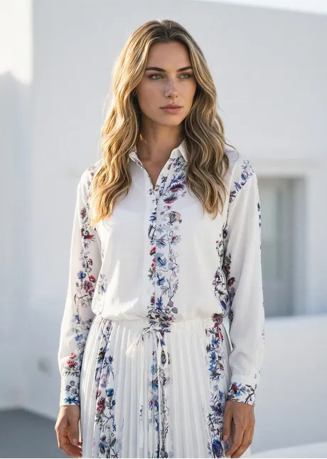 Soft Floral Stripe Blouse & Flow Skirt Set