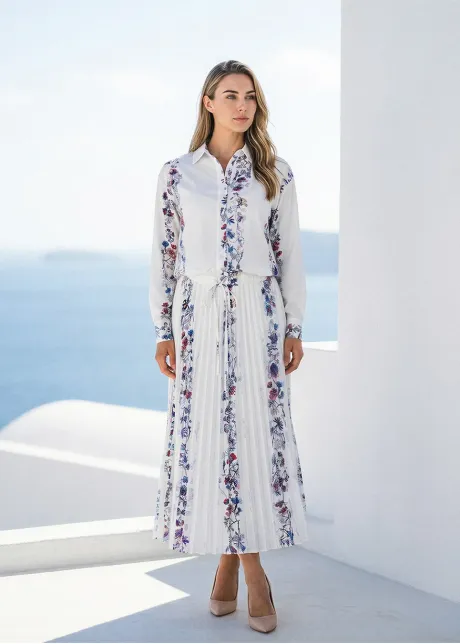 Soft Floral Stripe Blouse & Flow Skirt Set