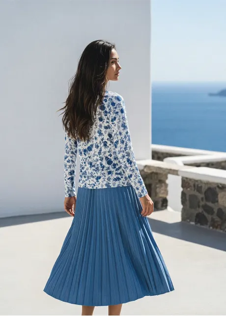 Blue Floral Top & Pleated Skirt Outfit