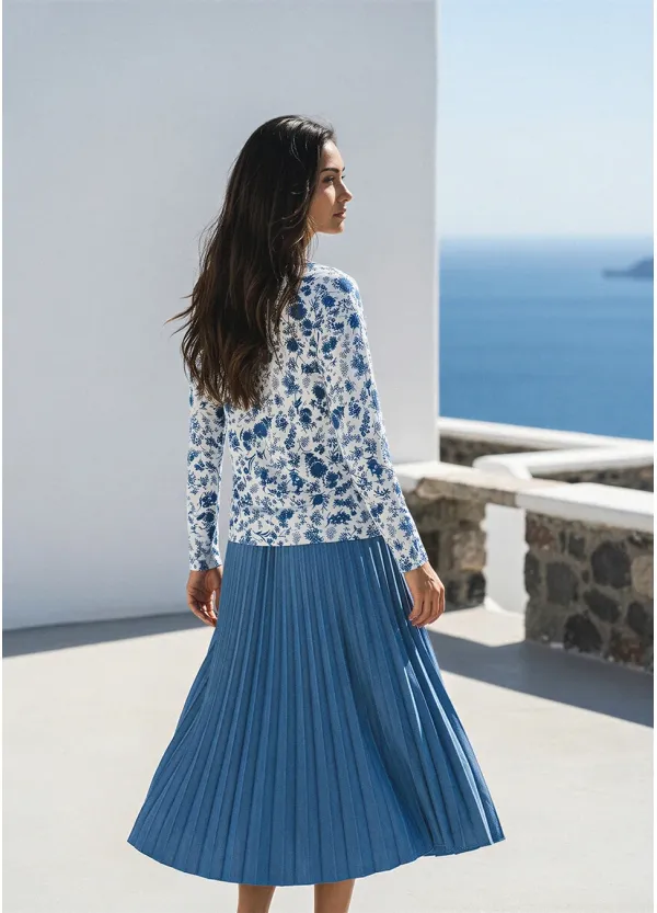 Blue Floral Top & Pleated Skirt Outfit