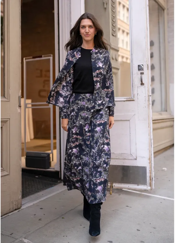 Dark Floral Two-Piece Blouse and Skirt Set