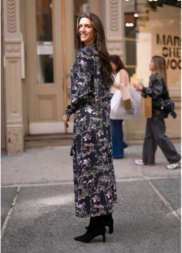 Dark Floral Two-Piece Blouse and Skirt Set