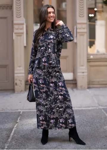 Dark Floral Two-Piece Blouse and Skirt Set