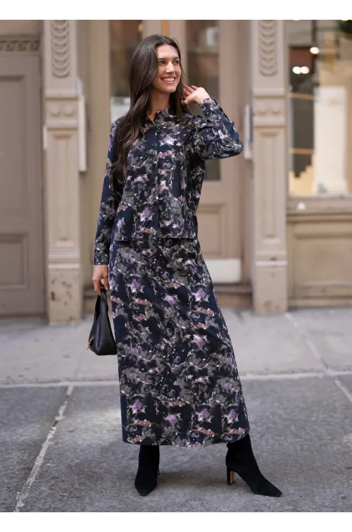 Dark Floral Two-Piece Blouse and Skirt Set