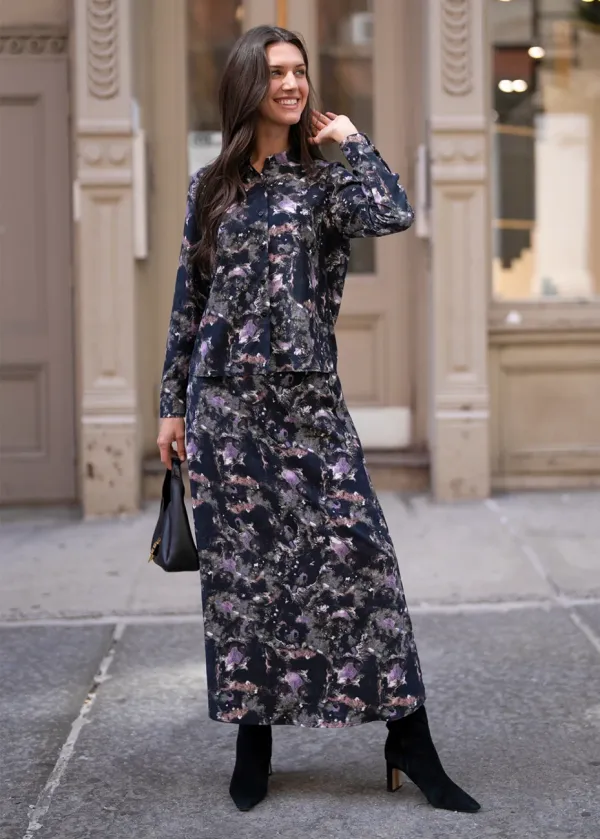 Dark Floral Two-Piece Blouse and Skirt Set