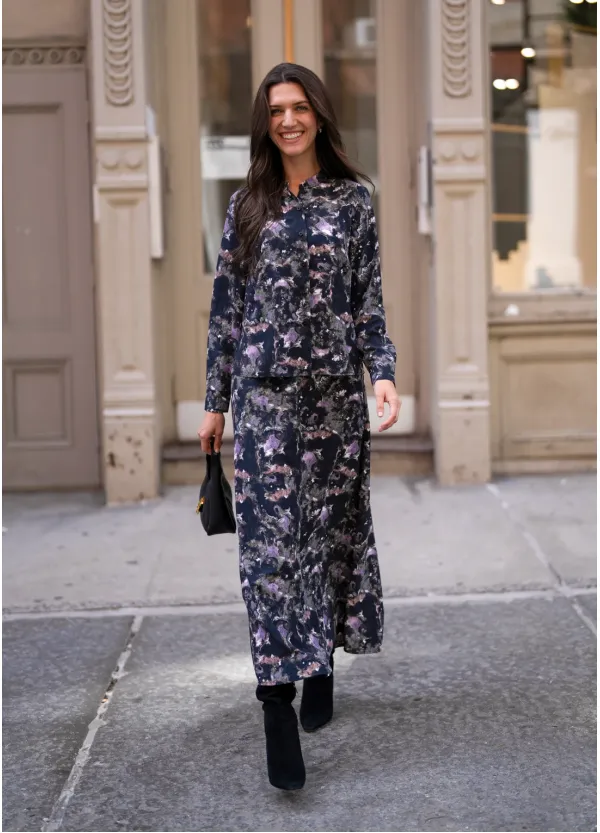 Dark Floral Two-Piece Blouse and Skirt Set