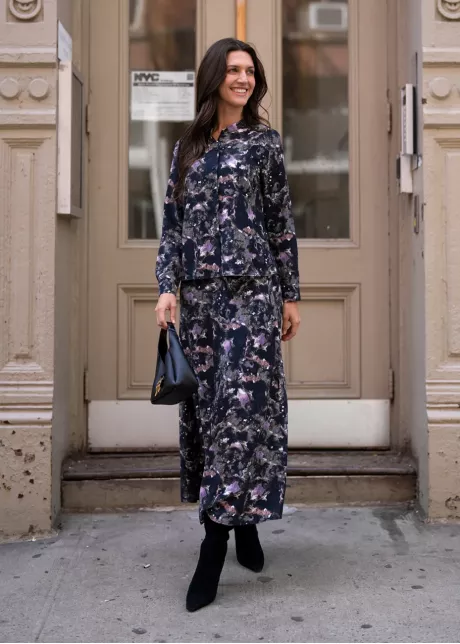 Abstract Print Long Sleeve Button-Front Blouse