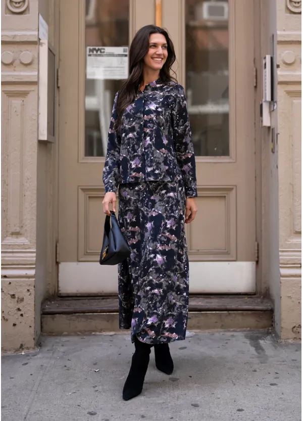 Dark Floral Two-Piece Blouse and Skirt Set