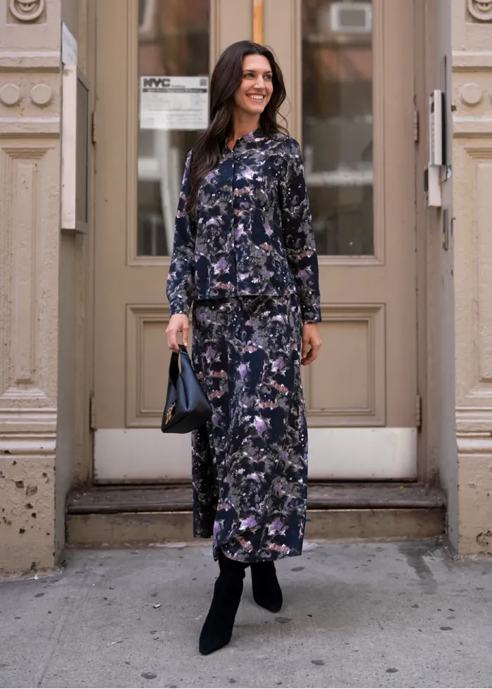 Abstract Print Long Sleeve Button-Front Blouse