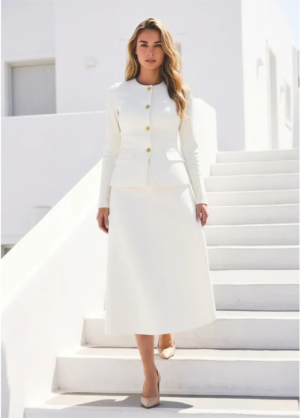 White Two-Piece Set – Structured Vest and Midi Skirt