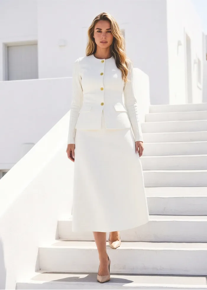 White Two-Piece Set – Structured Vest and Midi Skirt