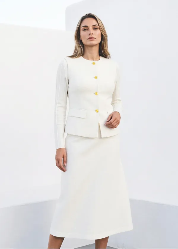 White Two-Piece Set – Structured Vest and Midi Skirt