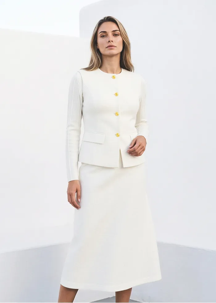 White Two-Piece Set – Structured Vest and Midi Skirt