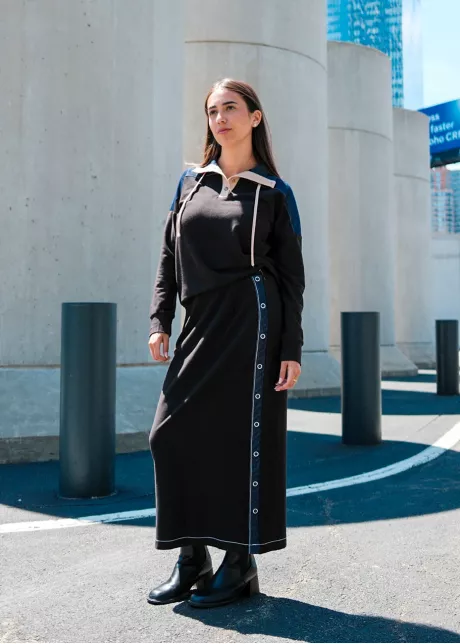 Long Sleeve Black Pullover with Denim Trim