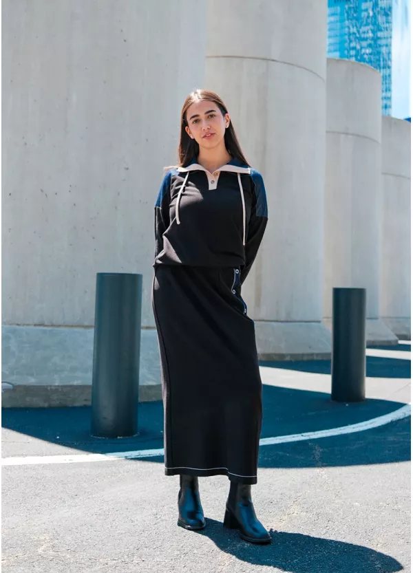 Two-Piece Black Set with Denim Trim