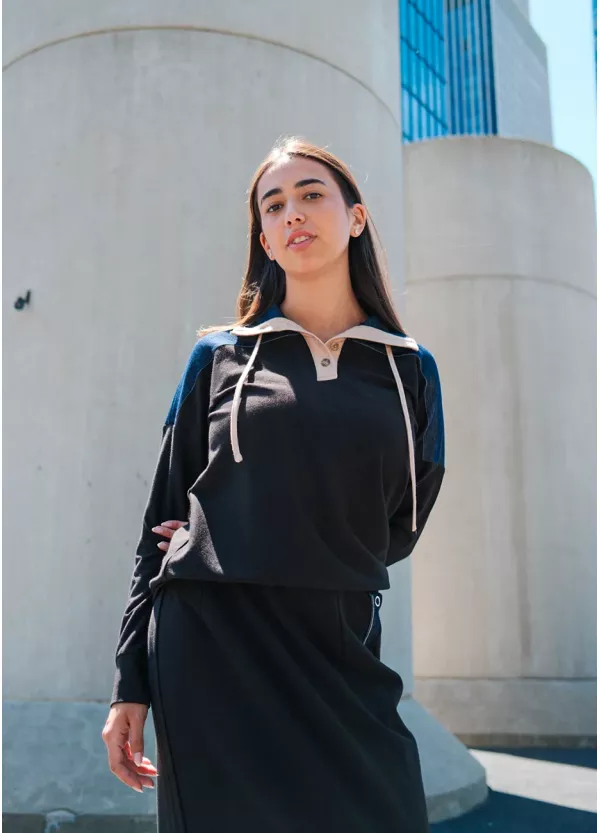 Two-Piece Black Set with Denim Trim