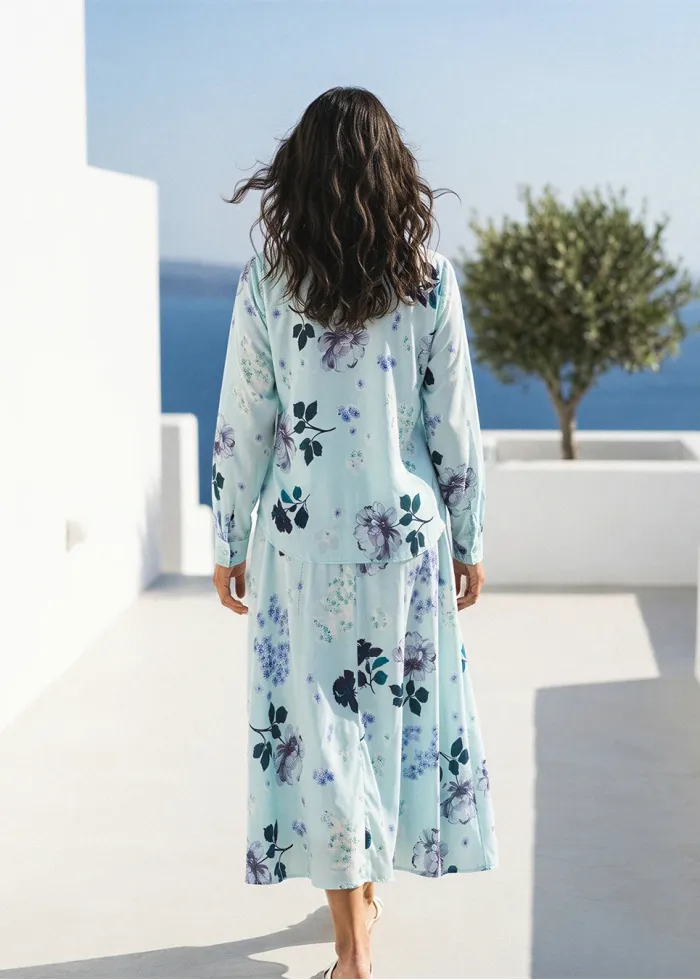 Aqua Floral Blouse and A-Line Skirt Set