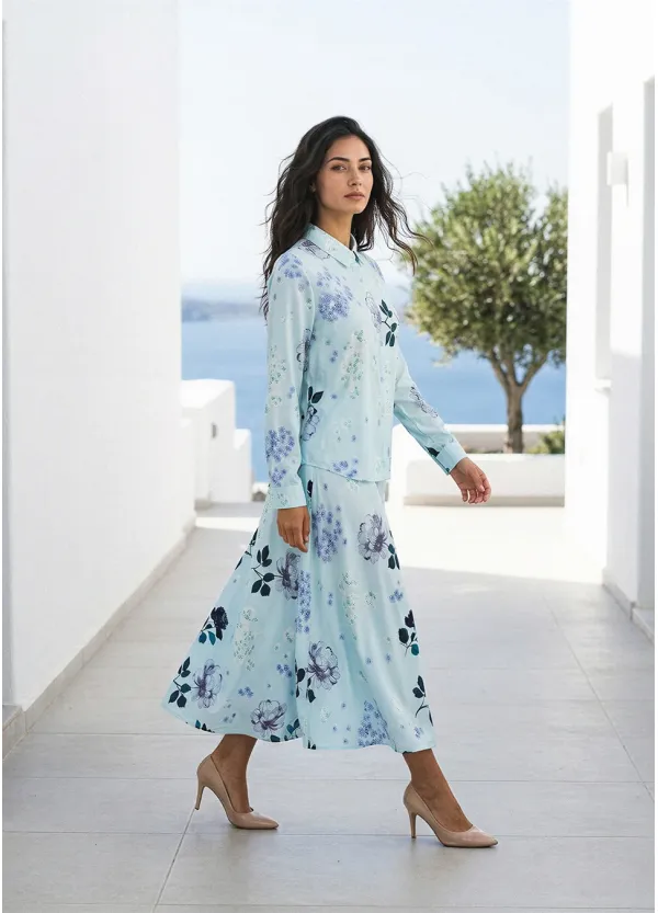 Aqua Floral Blouse and A-Line Skirt Set