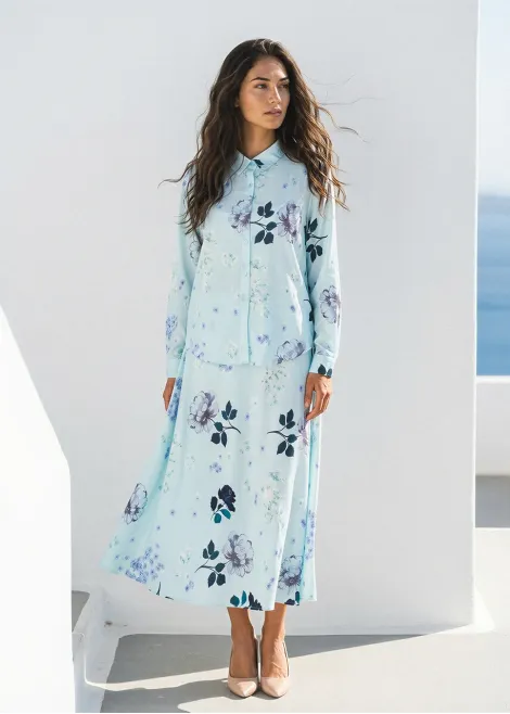 Aqua Floral Blouse and A-Line Skirt Set