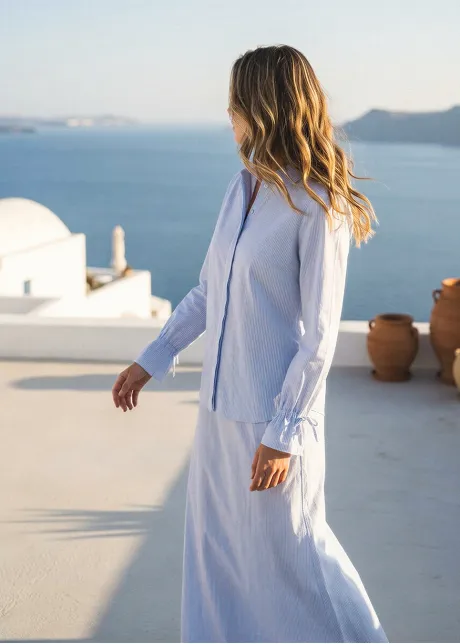 Soft Blue Stripe Button Blouse & Skirt Set