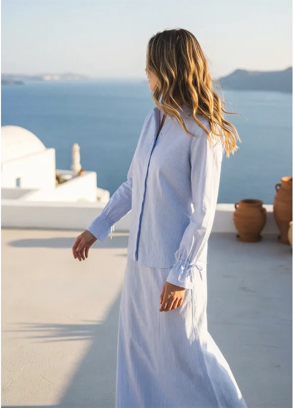 Soft Blue Stripe Button Blouse & Skirt Set