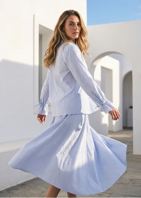 Soft Blue Stripe Button Blouse & Skirt Set