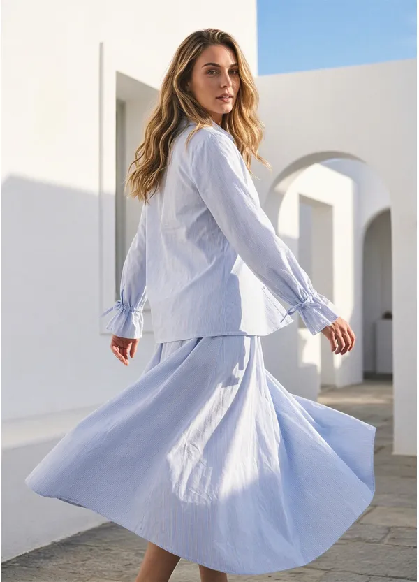 Soft Blue Stripe Button Blouse & Skirt Set