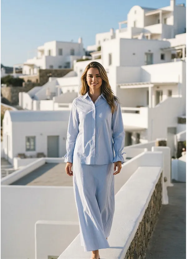 Soft Blue Stripe Button Blouse & Skirt Set