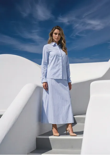 Soft Blue Stripe Button Blouse & Skirt Set