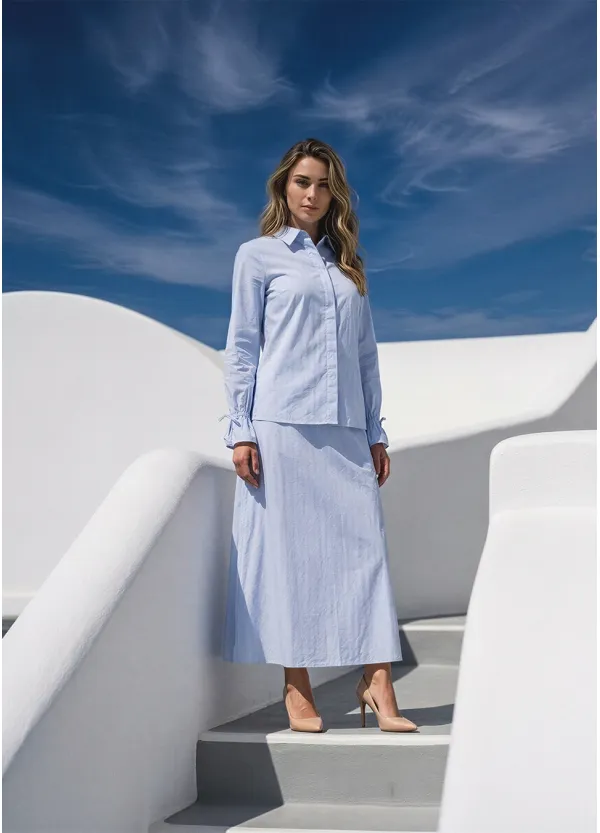 Soft Blue Stripe Button Blouse & Skirt Set