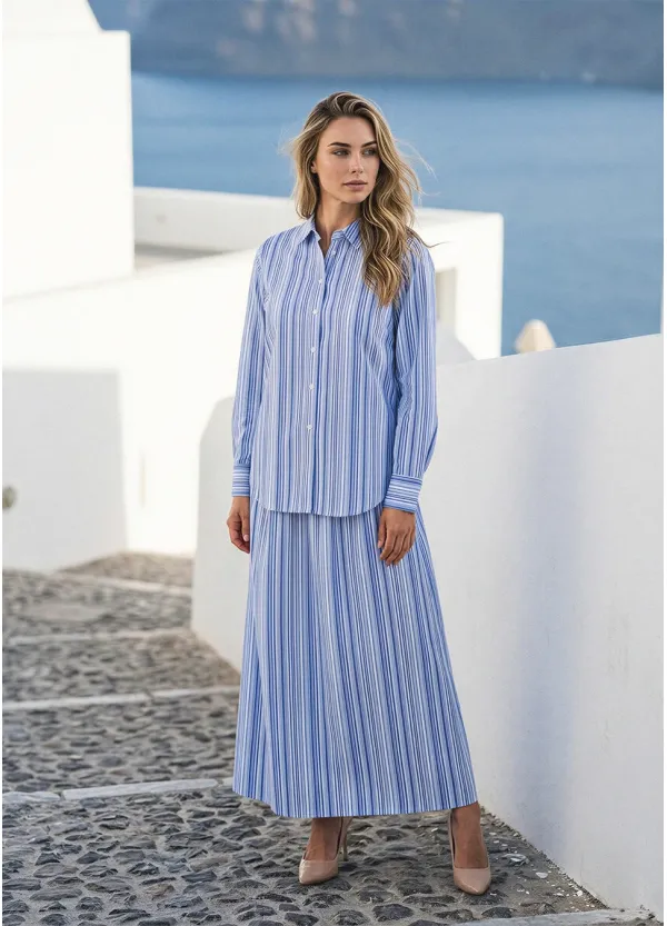 Blue Multi Stripe Blouse and Skirt Set