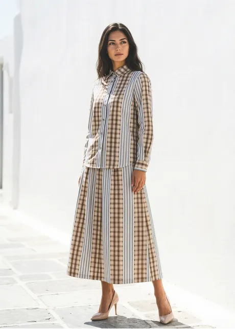 Plaid and Stripe Cotton Blouse and Skirt Set