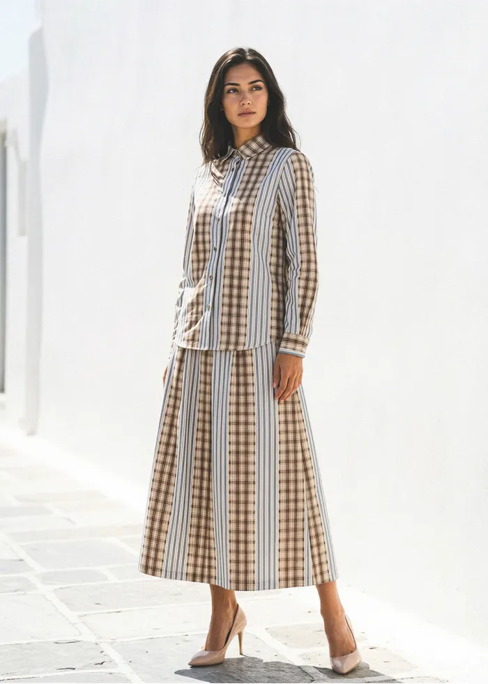 Plaid and Stripe Cotton Blouse and Skirt Set