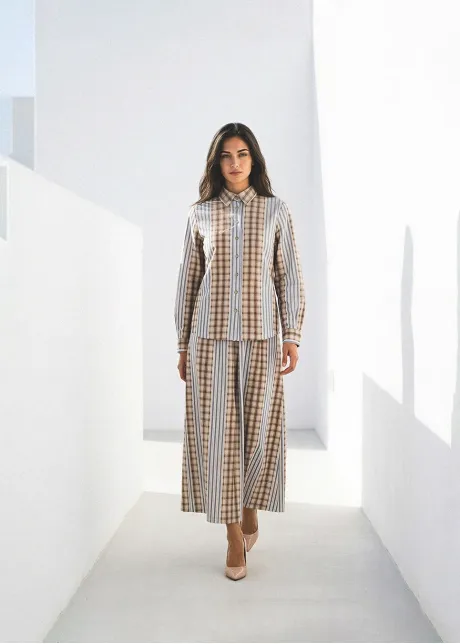 Plaid and Stripe Cotton Blouse and Skirt Set