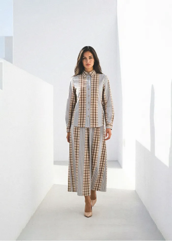 Plaid and Stripe Cotton Blouse and Skirt Set
