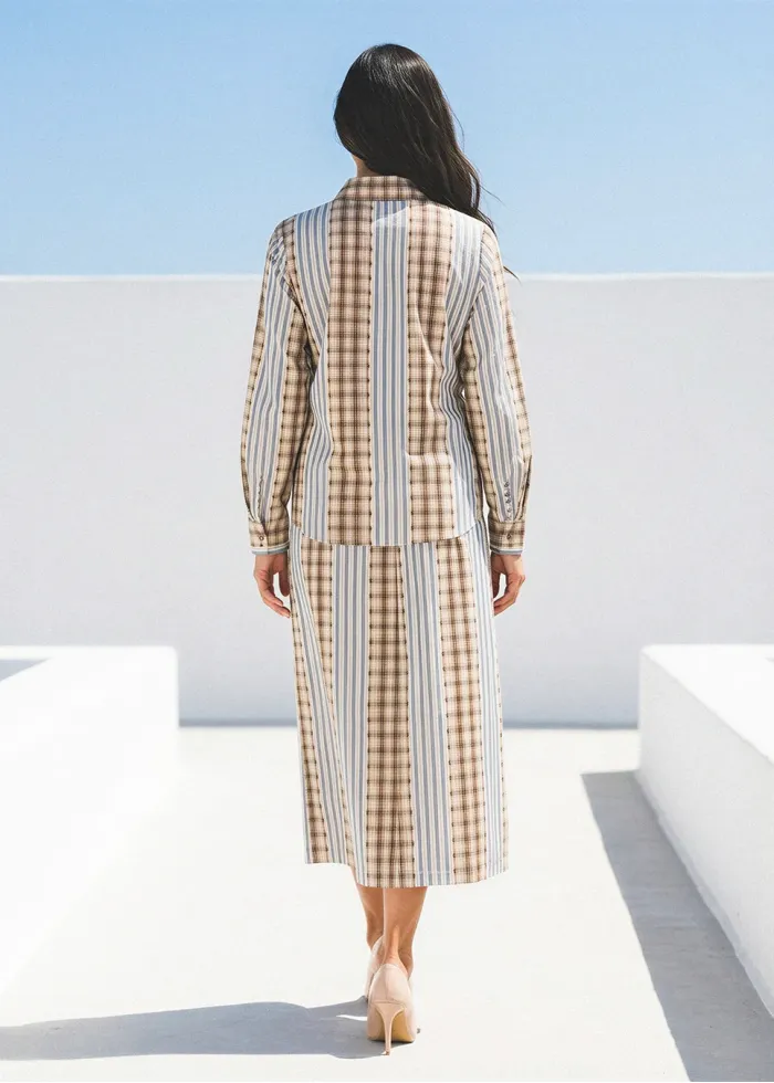Plaid and Stripe Cotton Blouse and Skirt Set