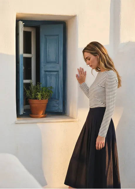 Classic Stripe Top & Navy A-Line Skirt Outfit