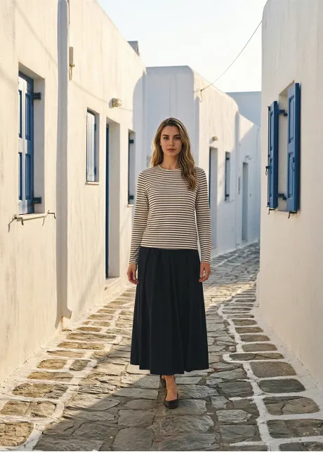 Classic Stripe Top & Navy A-Line Skirt Outfit