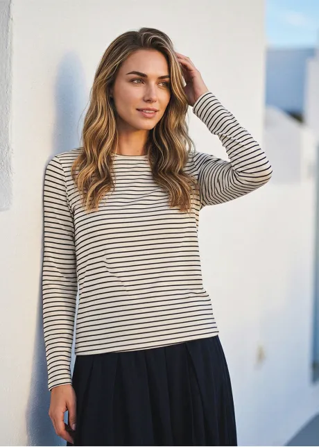 Classic Stripe Top & Navy A-Line Skirt Outfit