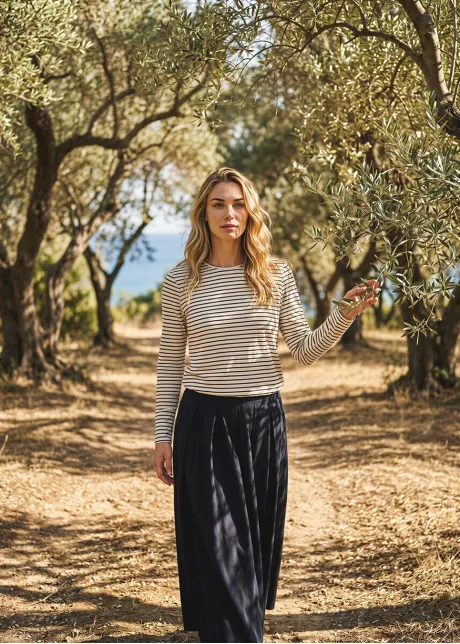 Classic Stripe Top & Navy A-Line Skirt Outfit