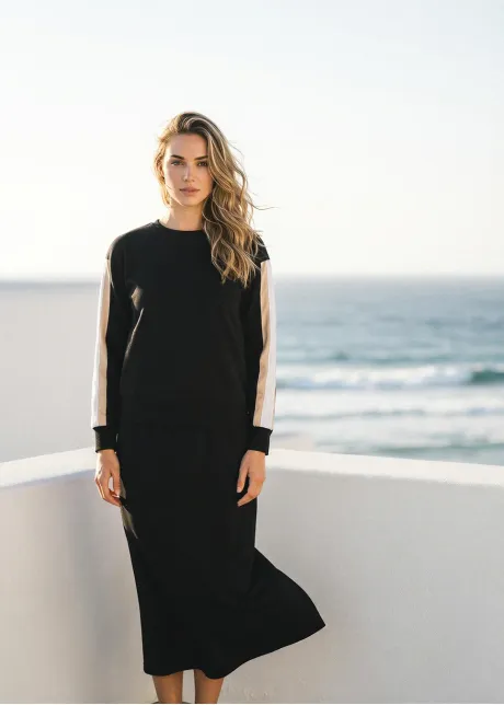 Black Colorblock Sleeve Top & Midi Skirt Set