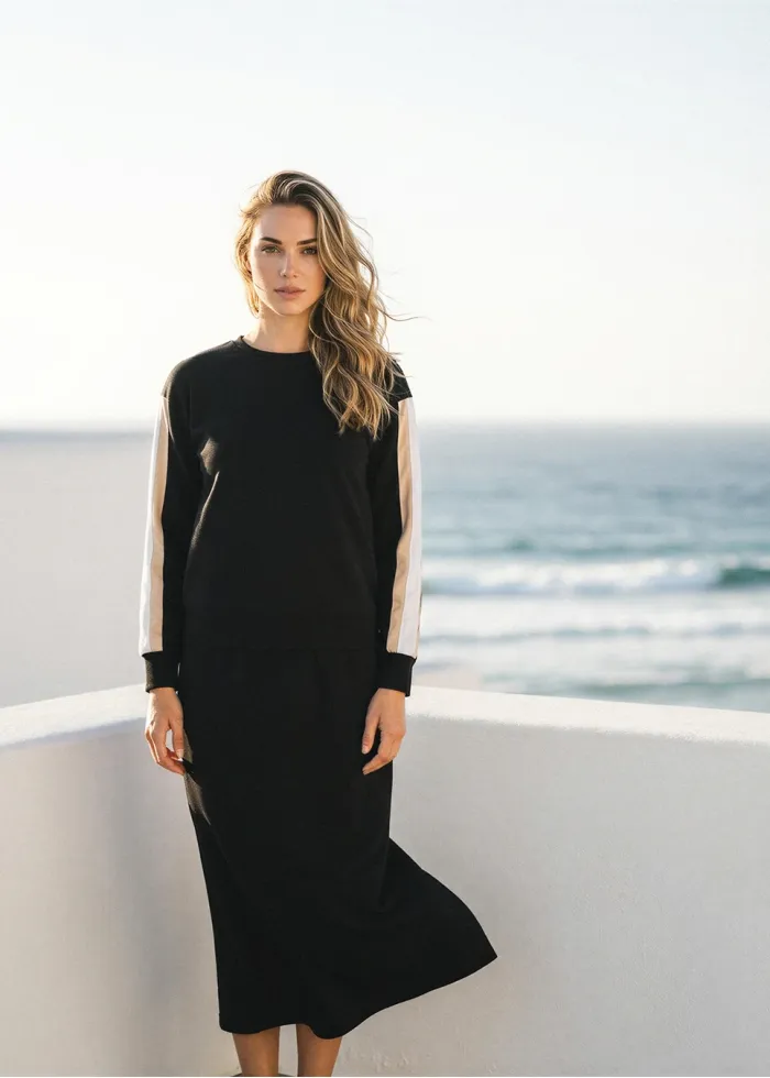 Black Colorblock Sleeve Top & Midi Skirt Set