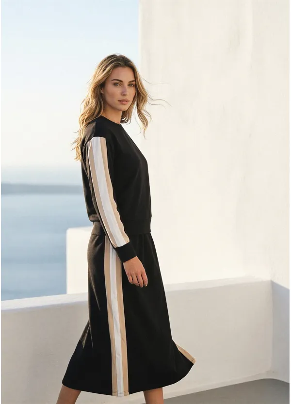 Black Colorblock Sleeve Top & Midi Skirt Set