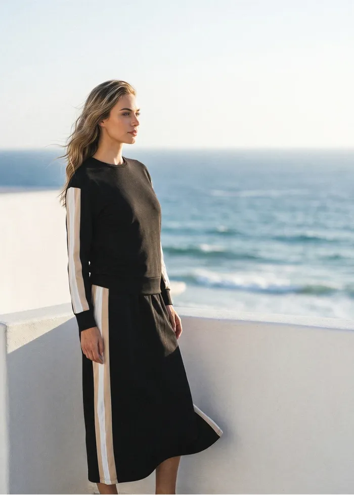 Black Colorblock Sleeve Top & Midi Skirt Set