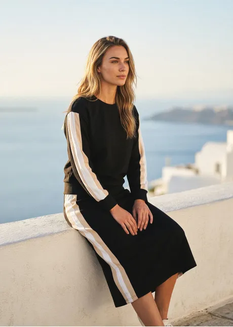 Black Colorblock Sleeve Top & Midi Skirt Set