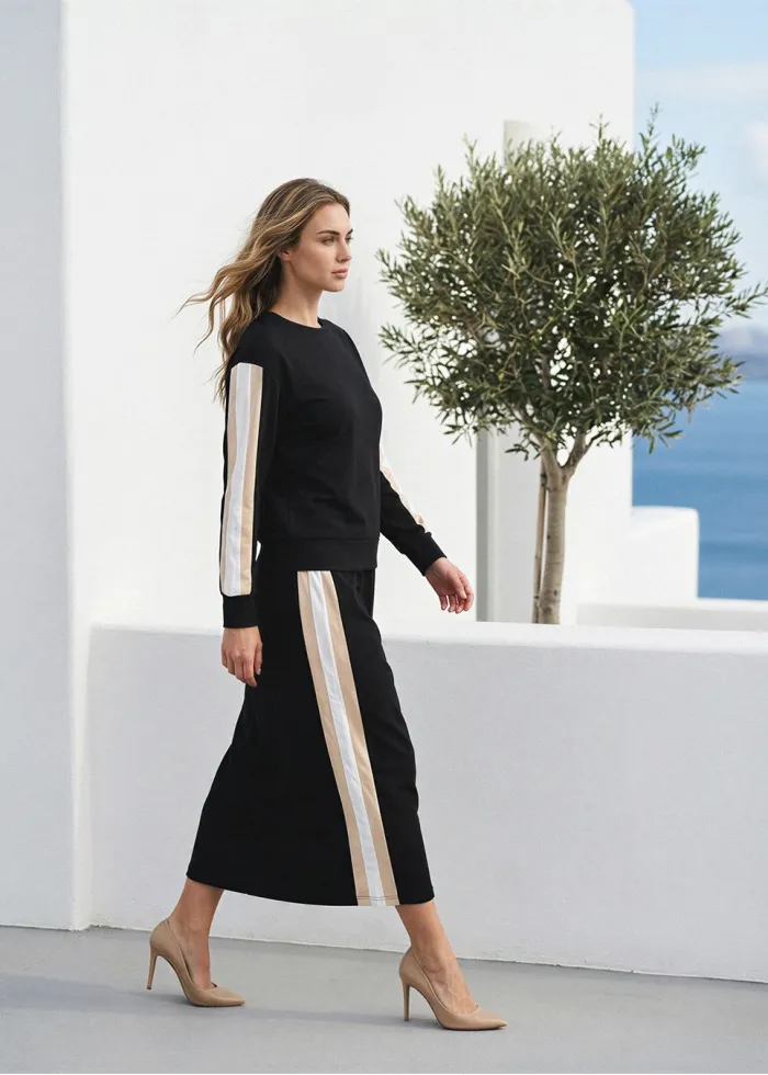 Black Colorblock Sleeve Top & Midi Skirt Set