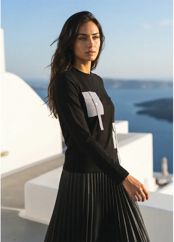 Minimal Black Outfit with Graphic Detail Top
