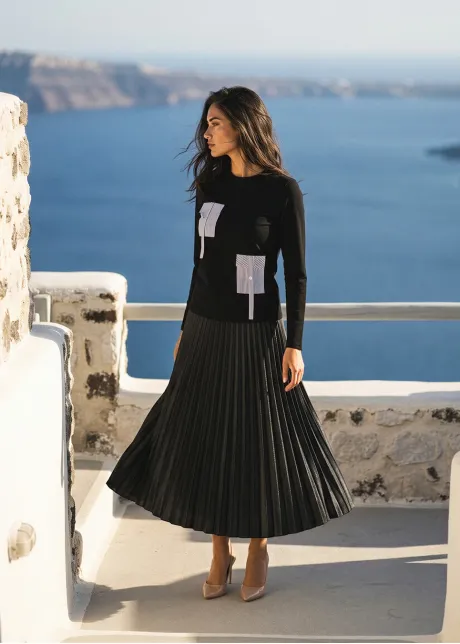 Minimal Black Outfit with Graphic Detail Top