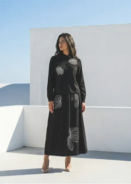 Black Embroidered Blouse and Midi Skirt Set